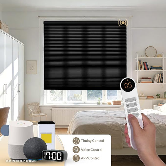 Boolegon No Drill Motorized Cellular Blinds with Remote Motorized Blackout Honeycomb Blinds for Indoor Windows Easy to Install Automatic Cellular Shades for Home,Light Filtering Black,Custom Size