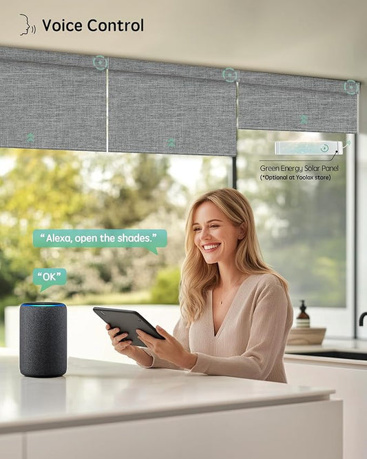Yoolax Motorized Blinds with Remote, 100% Blackout Smart Blinds Work with Alexa, Google, Apple Homekit, Motorized Shades for Bedroom, Custom Electric Shades Voice Control (Fabric Smoky Gray)