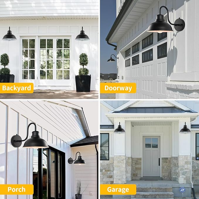 Barn Lights Outdoor Wall Sconces, Dusk to Dawn Exterior Farmhouse Gooseneck Barn Light, Black Outside Wall Mount Light Fixture, 2 Pack Anti-Rust Waterproof Outdoor Light for Porch Garage Patio