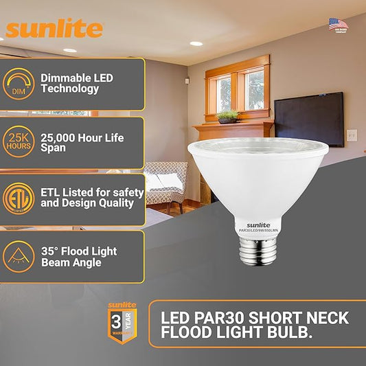 Sunlite LED PAR30 Short Neck Flood Light Bulb, 9 Watt, (75W Equivalent), 850 Lumens, Medium Screw (E26) Base, Dimmable, ETL Listed, 3000K Warm White, 6 Count