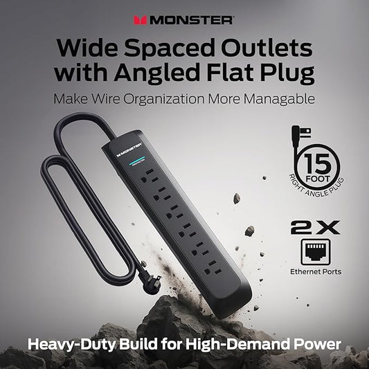 Monster Surge Protector Power Strip, 6 Outlets, 120V, 15A, 15 ft Cord with Right Angle Plug, Type A/B Plug, 300 Joules, On/Off Switch, Black