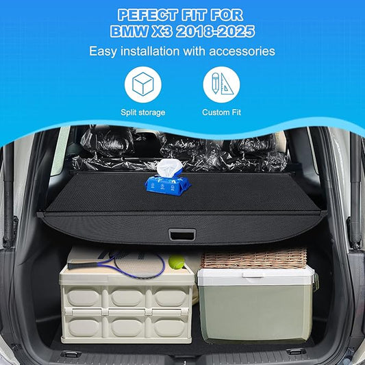 AUXKO Retractable Cargo Cover for BMW X3 2024-2018, Trunk Cargo Cover Luggage Security Shade Cover for 2024 2023 2022 2021 BMW X3 Shielding Shade Anti-Peeping Luggage Privacy Screen, Carbon Fiber