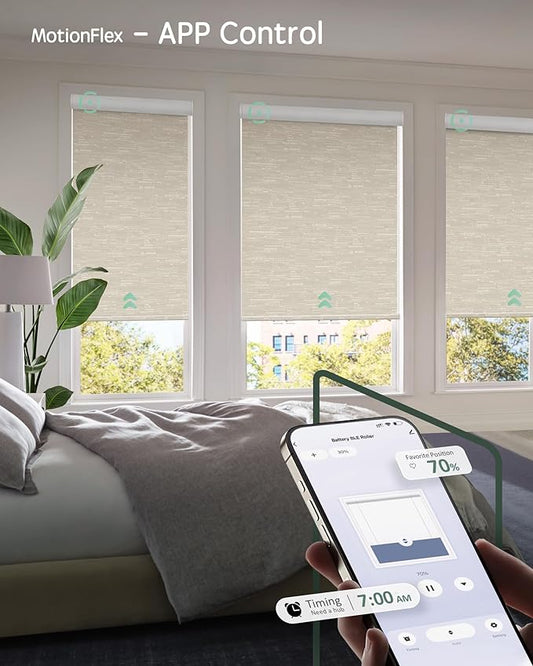 Yoolax Motorized Shades Dual Control, MotionFlex Motorized Roller Shades with App & Manual Control, Pull Down Automatic Shades for Indoor Windows, Custom Size(Blackout Jacquard Coffee)