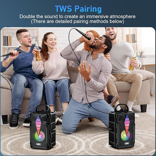 Dnil Portable Speaker with Voice Control, RGB Multi-Color Rhythm Light, Support TWS Pairing, Support USB/TF/FM/AUX Connection, Suitable for Home Party or Outdoor Use (Black)