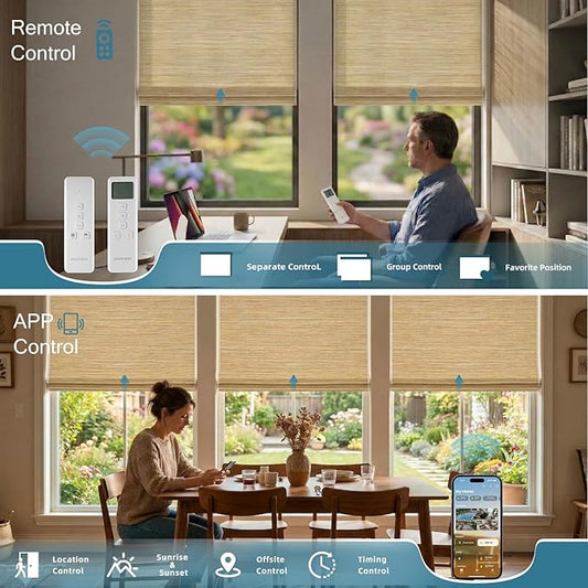 Motorized Roman Woven Woods Shades 100% Blackout Work with HomeKit, Alexa,Google, Remote Control Natural Bamboo Blinds Electric Roman Blinds Custom Size,Crocheting Yellow