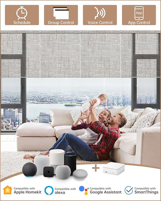 Kincmo Motorized Blinds with Remote, Light Filtering Roller Shades Work with Apple Homekit,Alexa,Google Home, Custom Electric Blinds with App,Voice Control (50% Blackout Sheer Brown)