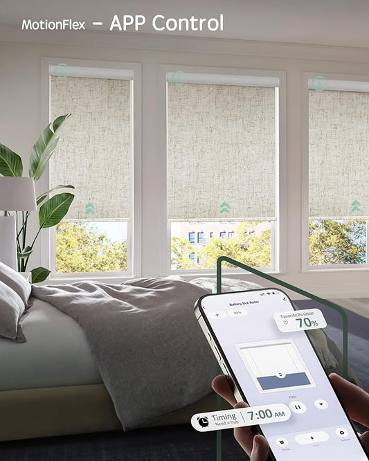 Yoolax Motorized Shades Dual Control, MotionFlex Motorized Roller Shades with App & Manual Control, Pull Down Automatic Shades for Indoor Windows, Custom Size(Blackout Linen Beige)