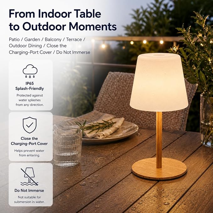IP65 Waterproof Shower Lamp, Cordless Rechargeable Table Lamp, Wood Grain | 4000mAh Battery Operated Lamp, Spa-Like Glow for Showers, Vanity, Bedside and Patios; 3 Color Temperatures, Touch Dimming