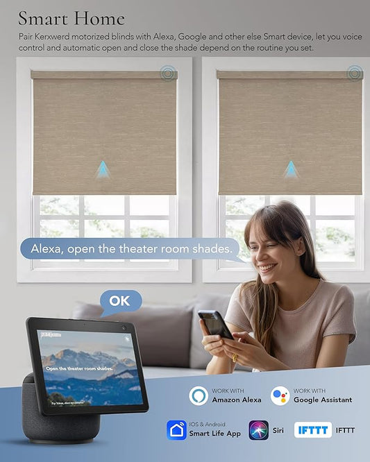 Motorized Blinds Compatible with Alexa Google 100% Blackout Smart Blind Automatic Window Roller Shades Remote Control Custom Size Jacquard Coffee