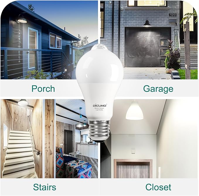 DiCUNO PIR Motion Sensor Light Bulbs, 12W (100W Equivalent) E26 LED Body Motion Sensor Infrared Bulb Auto on/Off, Outdoor/Indoor Light for Front Porch Garage, 1100LM 5000K Daylight White, 2 Pack
