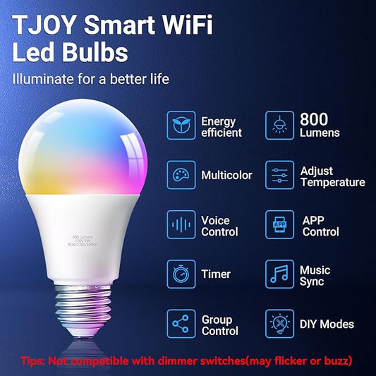 TJOY Smart Alexa Light Bulbs, Bluetooth WiFi Led Bulb Compatible with Alexa &Google Assistant, RGB Color Changing Bulbs, Music Sync, 9W(60W Equivalent), A19 E26 800LM(2.4Ghz WiFi only), 6 Pack