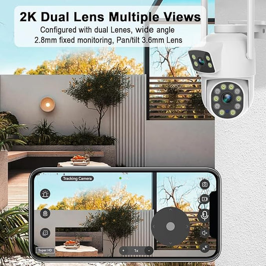 2K Dual Lens Outdoor Security Camera, 360° View Pan/Tilt 2.4G WiFi Wireless Linkage Cameras for Home Security, Home Surveillance Camera with Auto Tracking, Color Night Vision, Two-Way Audio