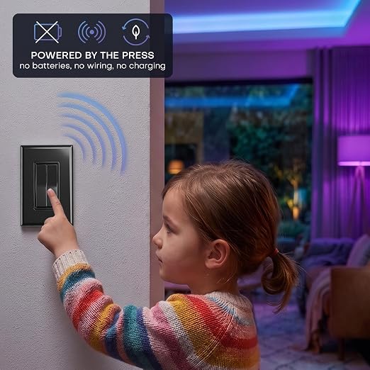 RunLessWire Click for Hue Battery-Free Wireless Smart Switch 3 Pack Black | Dimmable Kinetic Switch Pairs Natively to Philips Hue Bridge, 4 Programmable Buttons to Control Scenes & Areas, 100ft Range