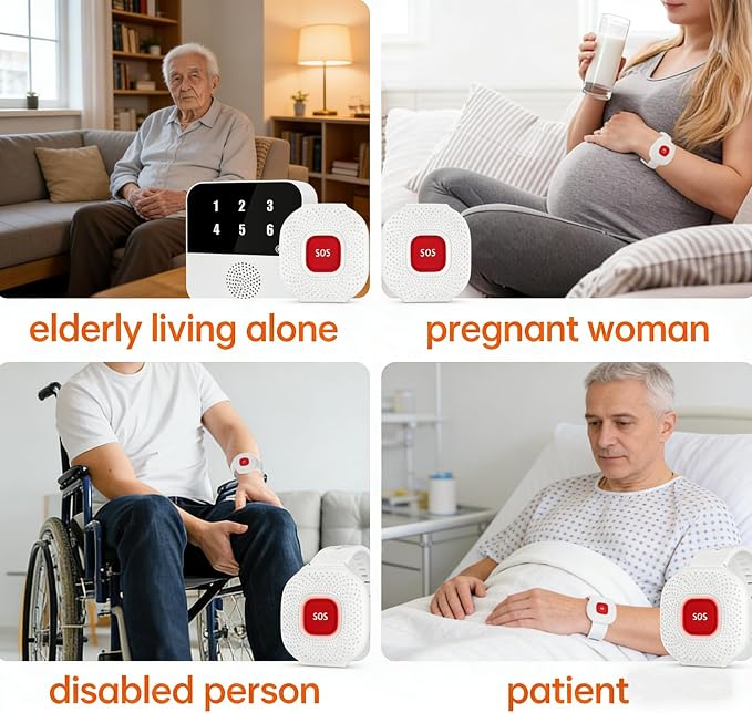WiFi Wireless Caregiver Pager for Elderly, Wi-Fi Pager | No Monthly Fee, 2 Waterproof Caregiver Call Buttons and 2 Wristbands Panic Button, Life Alert System with App
