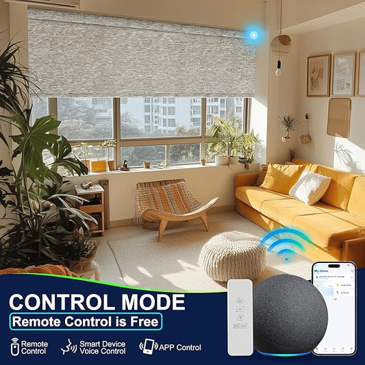 BERISSA Motorized Blinds with Remote,Blackout Smart Blinds for Windows,Jacquard Fabric,Remote Control,Thermal Insulated Automatic Blinds,Electric Blinds with USB/Solar Pannel.Maze Brwon