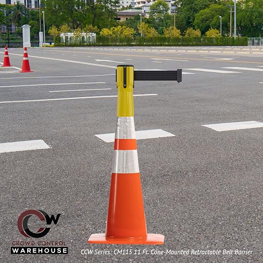Trafford Industrial 11 Ft Cone-Mounted Retractable Belt Barrier, Olive Belt | Yellow ABS Case, 2-inch Herringbone Webbing, 4-way Receiver for Up to 3 Additional Barriers, Belt-braking Retraction
