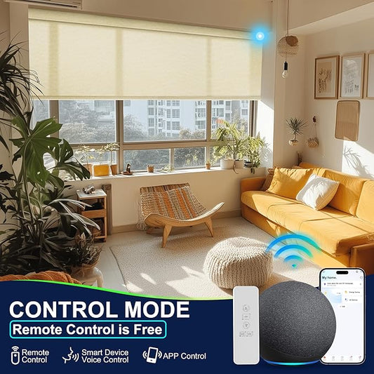 BERISSA Motorized Blinds with Remote,Light Filtering Smart Blinds for Windows,Linen Fabric,Remote Control,Thermal Insulated Automatic Blinds,Electric Blinds with USB/Solar Pannel.Linen Beige