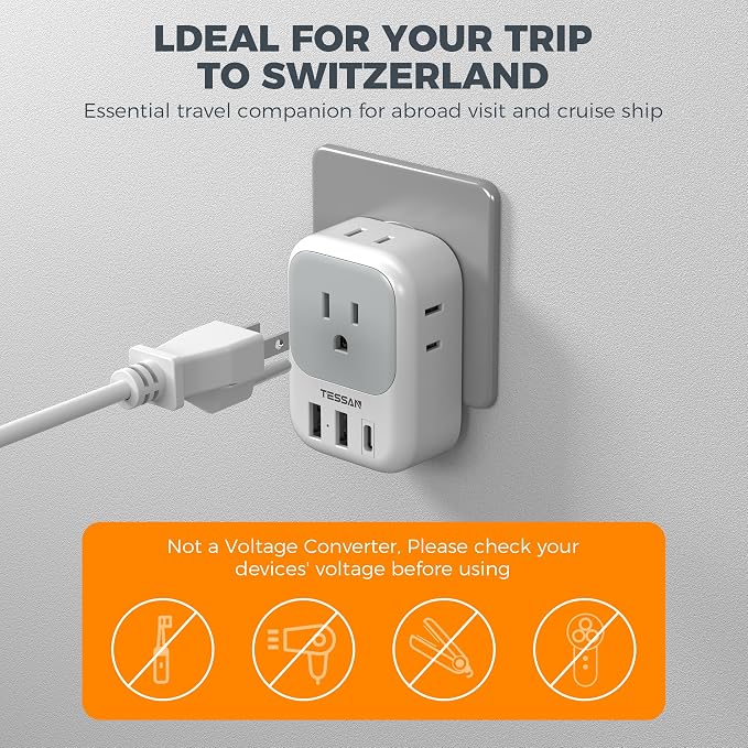 TESSAN Switzerland Travel Plug Adapter, Type J Plug, 2 Pack