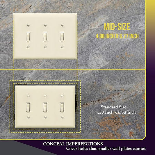ENERLITES Triple Light Switch Wall Plate, Toggle Switch Plate, Gloss Finish, 3-Gang Mid-Size 4.88" x 6.77", Unbreakable Polycarbonate Thermoplastic, UL Listed, 8813M-LA, Light Almond