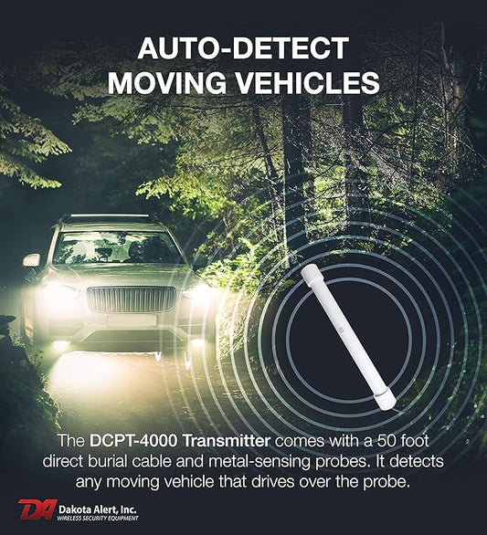 Dakota Alert Driveway Alarm Sensor - DCPT-4000 Driveway Alarms Wireless Outside Weatherproof Vehicle Sensor, 1 Mile Long Range Sensors, Vehicle Detecting Probe Transmitter & 50' Direct Burial Cable