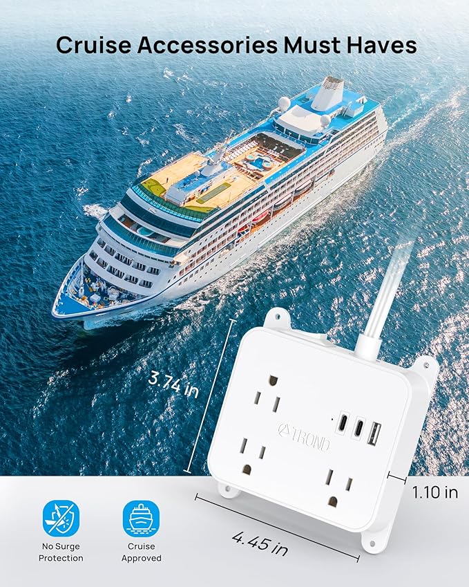 TROND Ultra Flat Plug Power Strip - Extension Cord 10FT with 3 USB Chargers, Power Strip with Long Cord, 3 Widely Outlets Charging Station, Wall Mount for Home Dorm Room Essentials