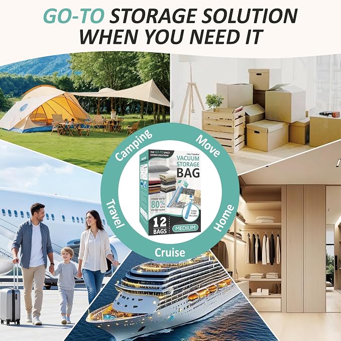 Vacuum Storage Bags with Hand Pump, Vacuum Seal Space Saver Bags,12 Medium | 80% Space-Saving Bags for Clothes, Pillows & Bedding; Double-Zip Airtight Seal; For Luggage, Home & Travel Storage