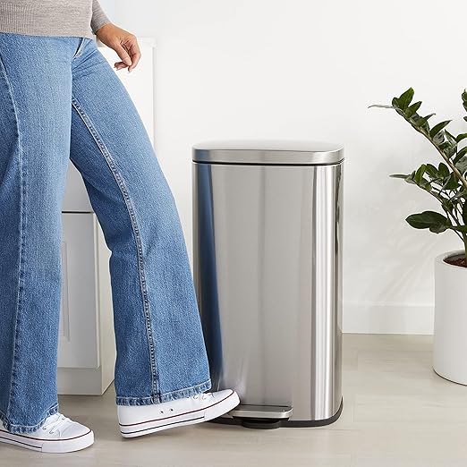 Amazon Basics MEDIUM Trash Can, 7.9 Gallon (30L), Smudge Resistant Rectangular Bin with Soft-Close Lid, Step Foot Pedal, Removable Inner Bucket, Brushed Stainless Steel, Satin Nickel Finish