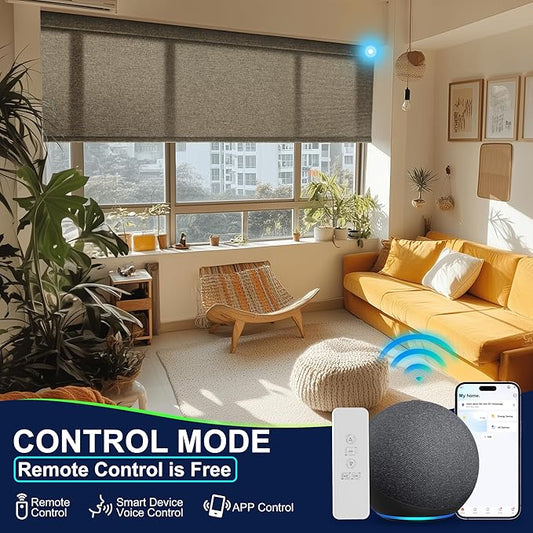 BERISSA Motorized Blinds with Remote,Light Filtering Smart Blinds for Windows,Linen Fabric,Remote Control,Thermal Insulated Automatic Blinds,Electric Blinds with USB/Solar Pannel.Linen Brown