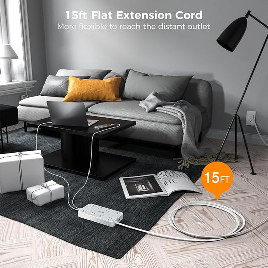 TESSAN Power Strip Surge Protector, 15FT Flat Plug Extension Cord