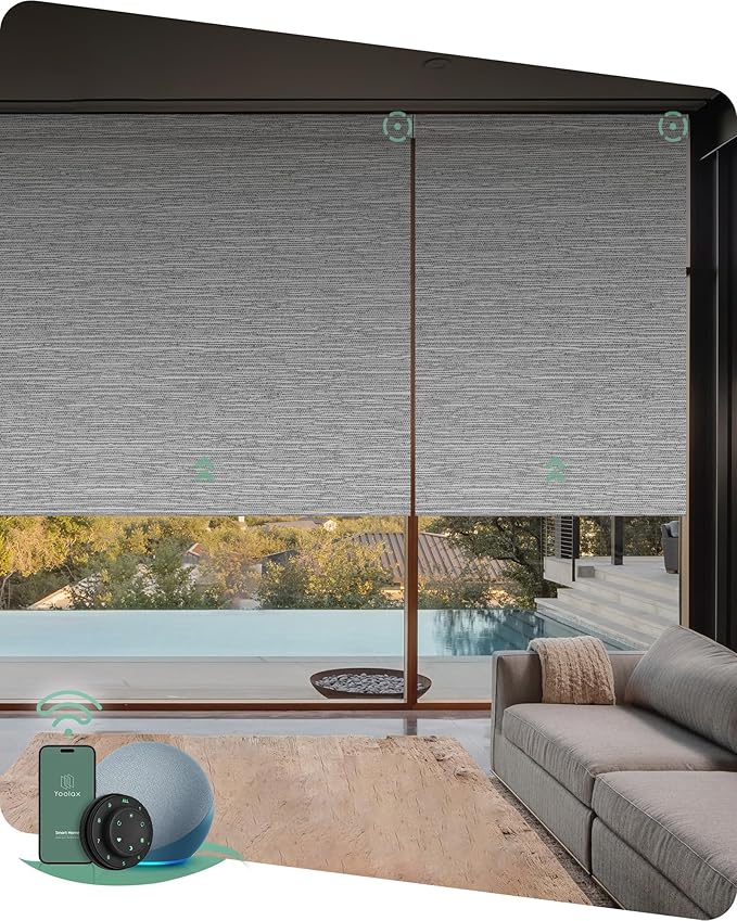 Yoolax Motorized Blinds with Remote, 100% Blackout Smart Blinds Work with Alexa, Google, Apple Homekit, Motorized Shades for Bedroom, Custom Electric Shades Voice Control (Foggy Gray)