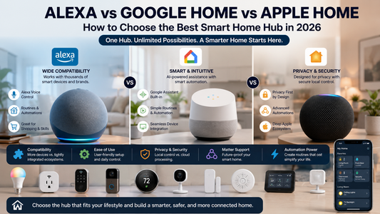 Alexa vs Google Home vs Apple Home smart home hub comparison with connected lights, locks, cameras, thermostat, sensors, and Matter-compatible devices