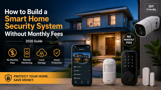 DIY smart home security system with security cameras, smart lock, motion sensor, and Matter-compatible devices protecting a modern home without monthly subscription fees