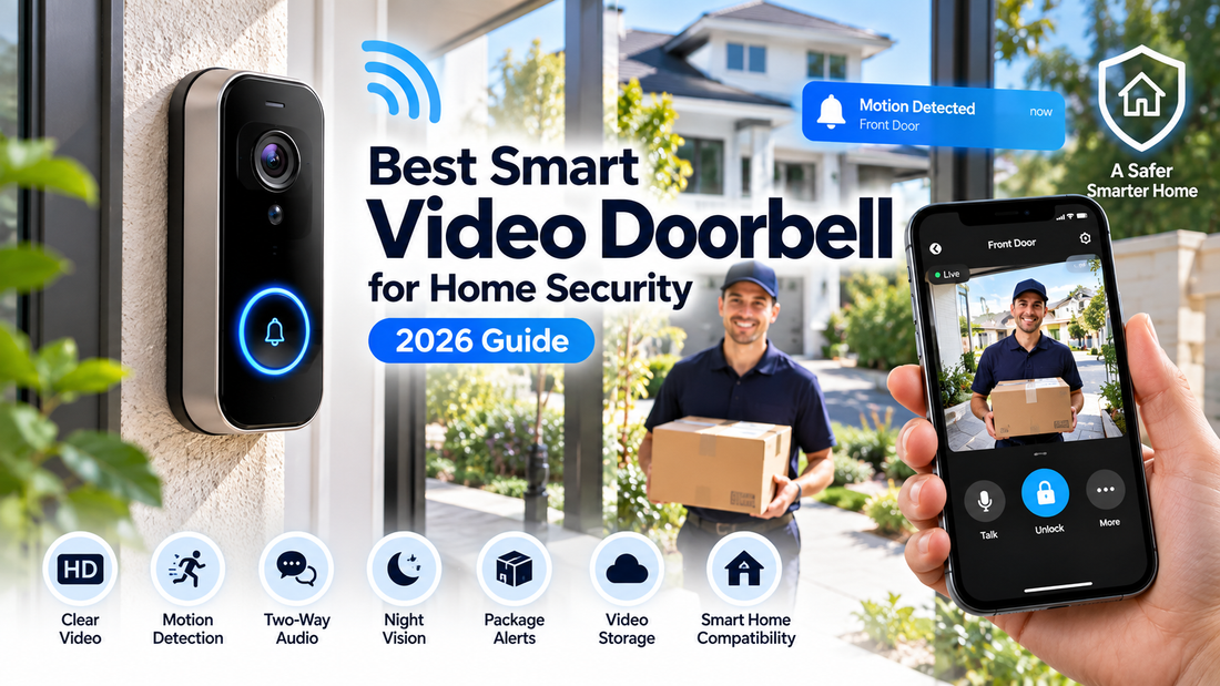 Smart video doorbell camera with motion detection, smartphone alerts, two-way audio and home security monitoring at a modern front door