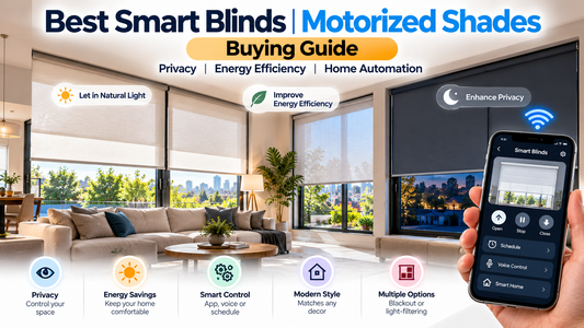Modern living room with smart blinds and motorized window shades controlled by smartphone, featuring automated privacy, natural light control, and energy-efficient smart home technology