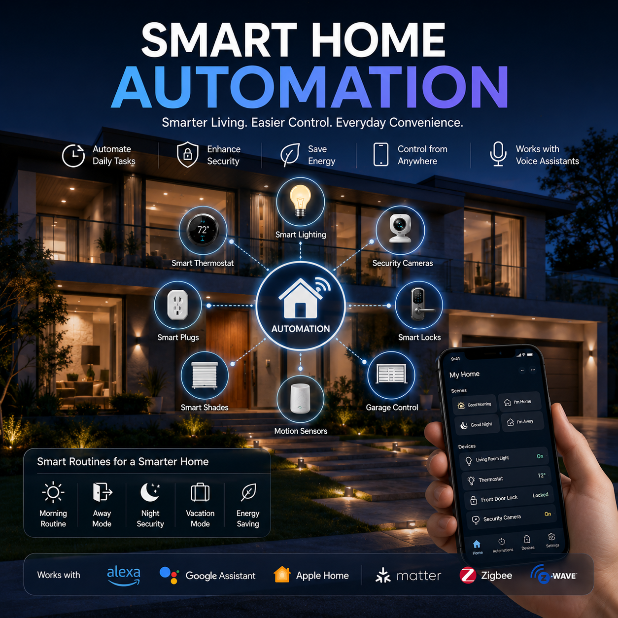 Smart home automation system controlling lighting, security, climate, and connected devices inside a modern American home