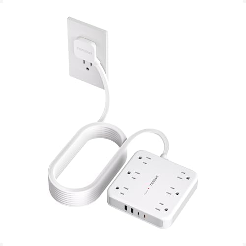 TESSAN Surge Protector Power Strip, 15Ft Flat Plug Extension Cord, Grey