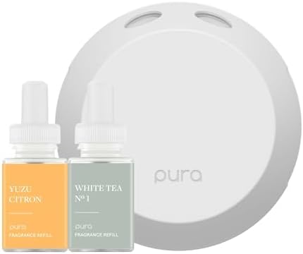 Pura - Smart Home Fragrance Device Starter Set - Pura 4 - Scent Diffuser for Home - Includes Fragrance Aroma Diffuser - Square Box, Yuzu Citron and White Tea No. 1 Scent Refills