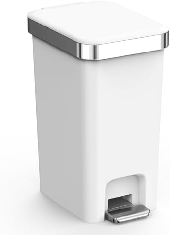 Slim Bathroom Trash Can With Lid, 2.6 Gallon /10 Liter Small Wastebasket, Press Top Bin & Step Metal Pedal Trash Bin, Mini Plastic Garbage Cans for Bedroom, Office, Kitchen, Dorm (grayish-white)