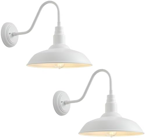2 Pack 14in Barn Gooseneck Lights for House, White Outdoor Farmhouse Wall Light Fixture for Porch, Exterior Patio Wall Sconce for Front Door, Garage