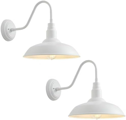 2 Pack 14in Barn Gooseneck Lights for House, White Outdoor Farmhouse Wall Light Fixture for Porch, Exterior Patio Wall Sconce for Front Door, Garage