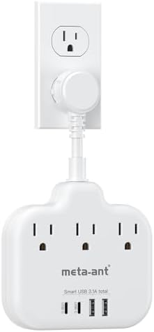 Short Extension Cord 3 Inch, Flat Plug Small Power Strip with 3 AC & 4 USB(1 USB-C), 1875W/15A, Multi Plug Outlet Extender, Non-Surge Protection for Cruise Travel Dorm Kitchen, White