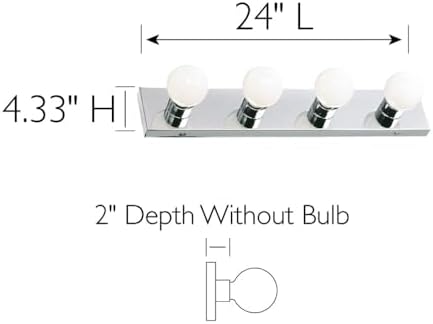 Design House Vanity Lighting, Steel Construction, 4 Vanity Lights, Dimmable, Uses Four 60W Bulbs, Polished Chrome, 24.0 in. W x 4.3 in. H x 2.0 in. D, 500892