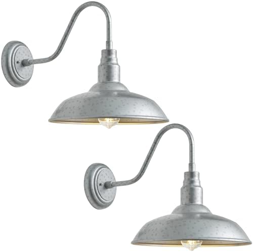 14 Inch Barn Farmhouse Outdoor Light Fixture, 2 Pack Exterior Gooseneck Lights with Galvanized Steel Finish, Outside Wall Sconce with Wall Mount for House, Porch, Patio