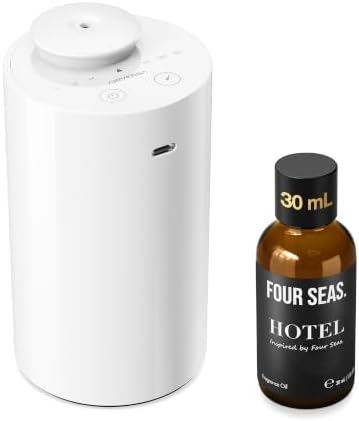 Waterless Essential Oil Diffuser Starter Kit with 30mL Hotel Fragrance Oil Inspired by Four Seas, Battery Operated Car Diffuser, Portable Aroma Nebulizer for Home Car Office, AN6Kit-B, White