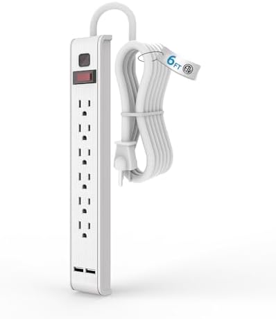 TiFFCOFiO Power Strip Surge Protector, 6 Outlets with 2 USB Ports,