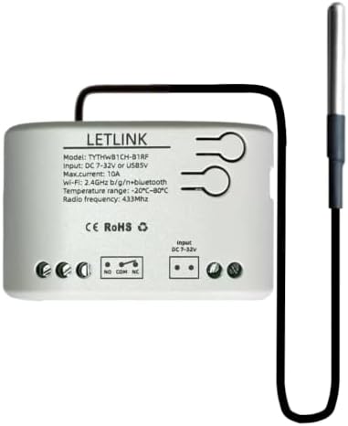1 Channel WiFi/Bluetooth Temperature Sensor Smart Relay Switch,DC 7-32V Or Micro-USB 5V, Work with Smart Life/Tuya app,Compatible with Alexa Google Home (1CH DC 7-32V)