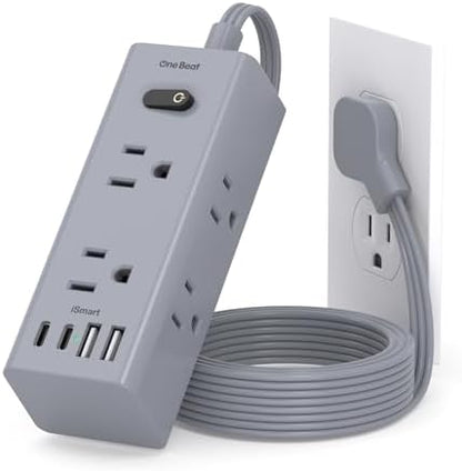 5Ft Extension Cord with Multiple Outlets, Flat Plug Power Strip Surge Protector with 5 Ft Long Cord, 6 Outlet 4 USB Ports (2 USB C), Multi Outlet Wall Plug for College, Dorm Room Essentials(Grey)