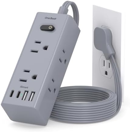 5Ft Extension Cord with Multiple Outlets, Flat Plug Power Strip Surge Protector with 5 Ft Long Cord, 6 Outlet 4 USB Ports (2 USB C), Multi Outlet Wall Plug for College, Dorm Room Essentials(Grey)