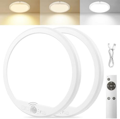 Rechargeable Motion Sensor Ceiling Light with Remote,Round,2 Pack