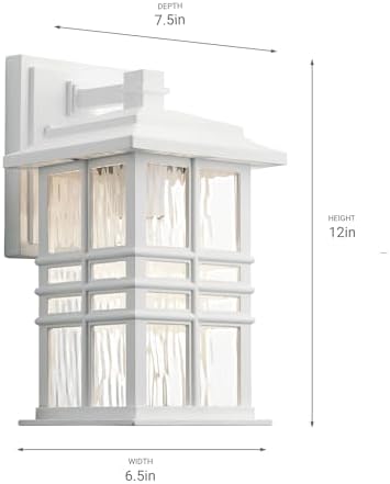 Kichler Beacon Square 12" Outdoor Wall Light in White, 1-Light Exterior Wall Sconce with Clear Hammered Glass, (12" H x 6.5" W), 49829WH